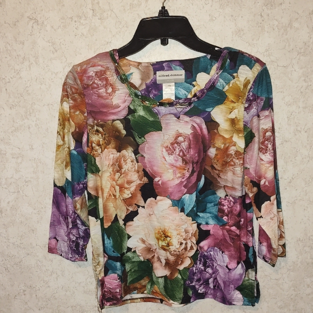 Alfred Dunner Pink and Purple Graphic 3/4 Sleeve Blouse